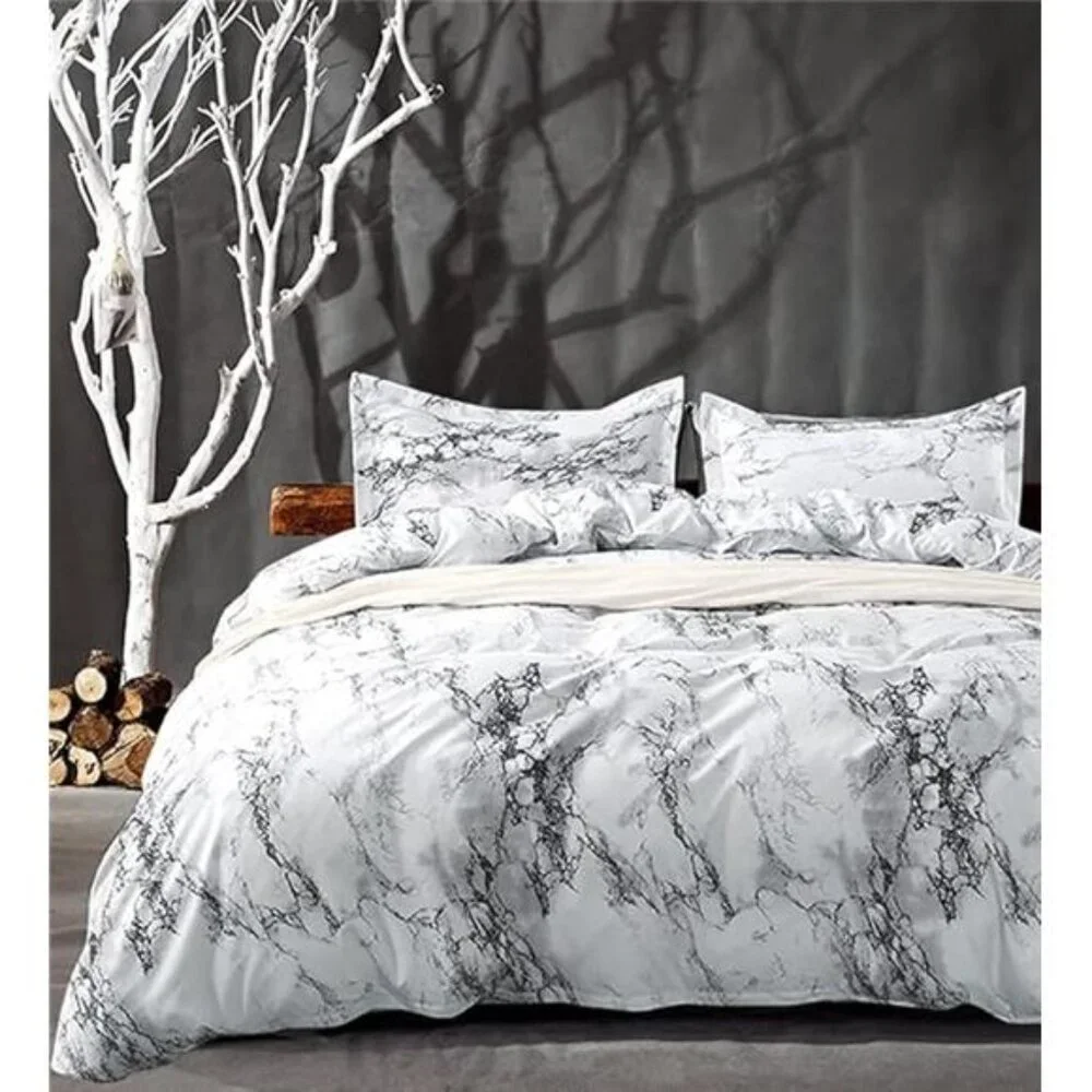 Comforter Set Queen Size, White Black Marble Print 88 x 90 inch Reversible Down
